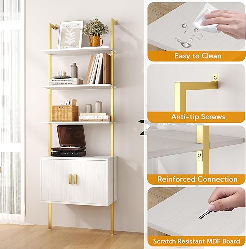 Miniatura 4 de Gadroad Estantería de escalera con gabinete, estanterías montadas en la pared, estante abierto de 5 niveles de alto, estantería industrial de metal