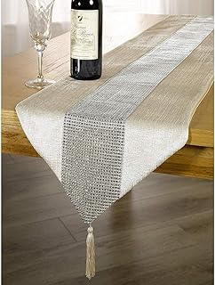 Rectangular Cotton Handmade,33cm x 180cm Table Runner with Diamante Strip and Tassels (Style2)