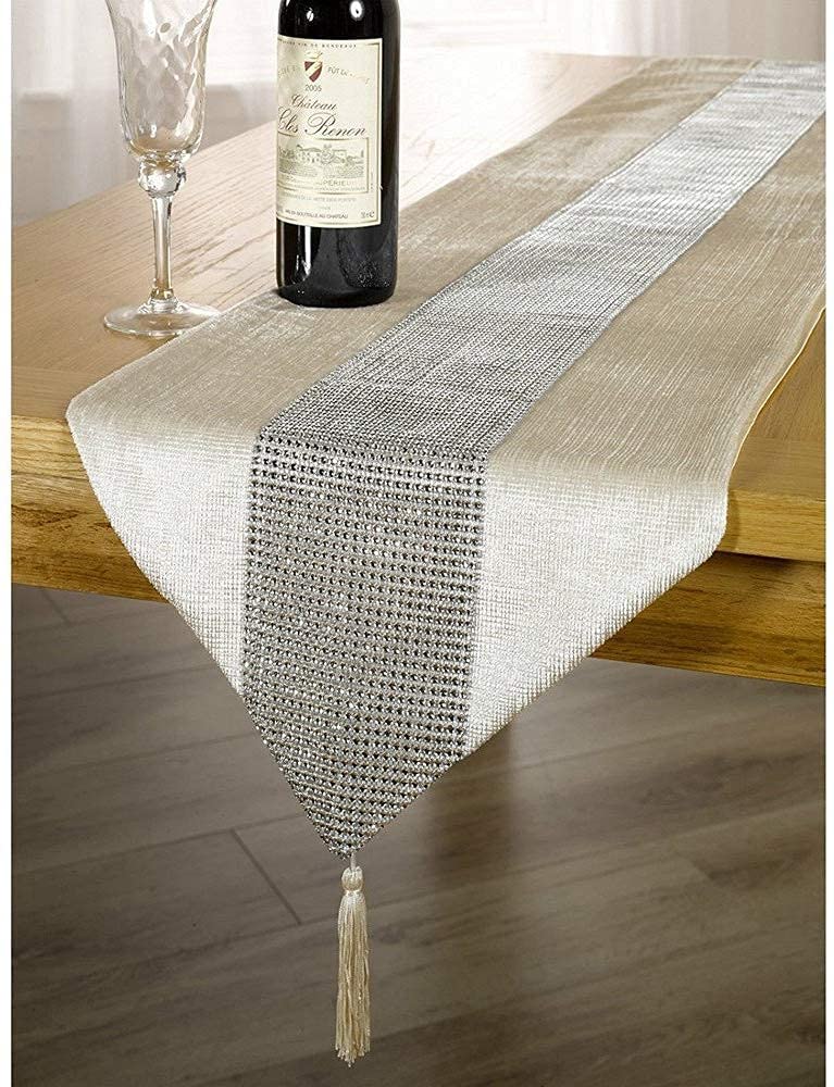 Rectangular Cotton Handmade,33cm x 180cm Table Runner with Diamante Strip and Tassels (Style2)