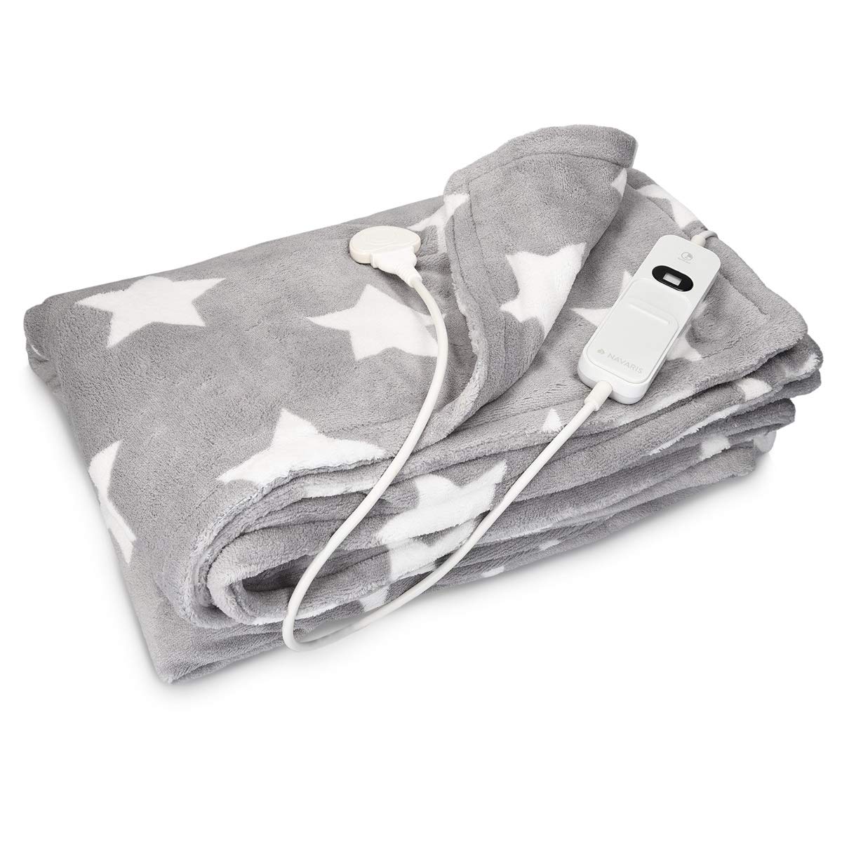 Navaris Grey/White Star Heated Throw Electric Blanket, 180 x 130cm Heated Blanket Machine Washable Electric Throw Overblanket with 3HR Auto-Off Timer and 3 x Control Heat Settings