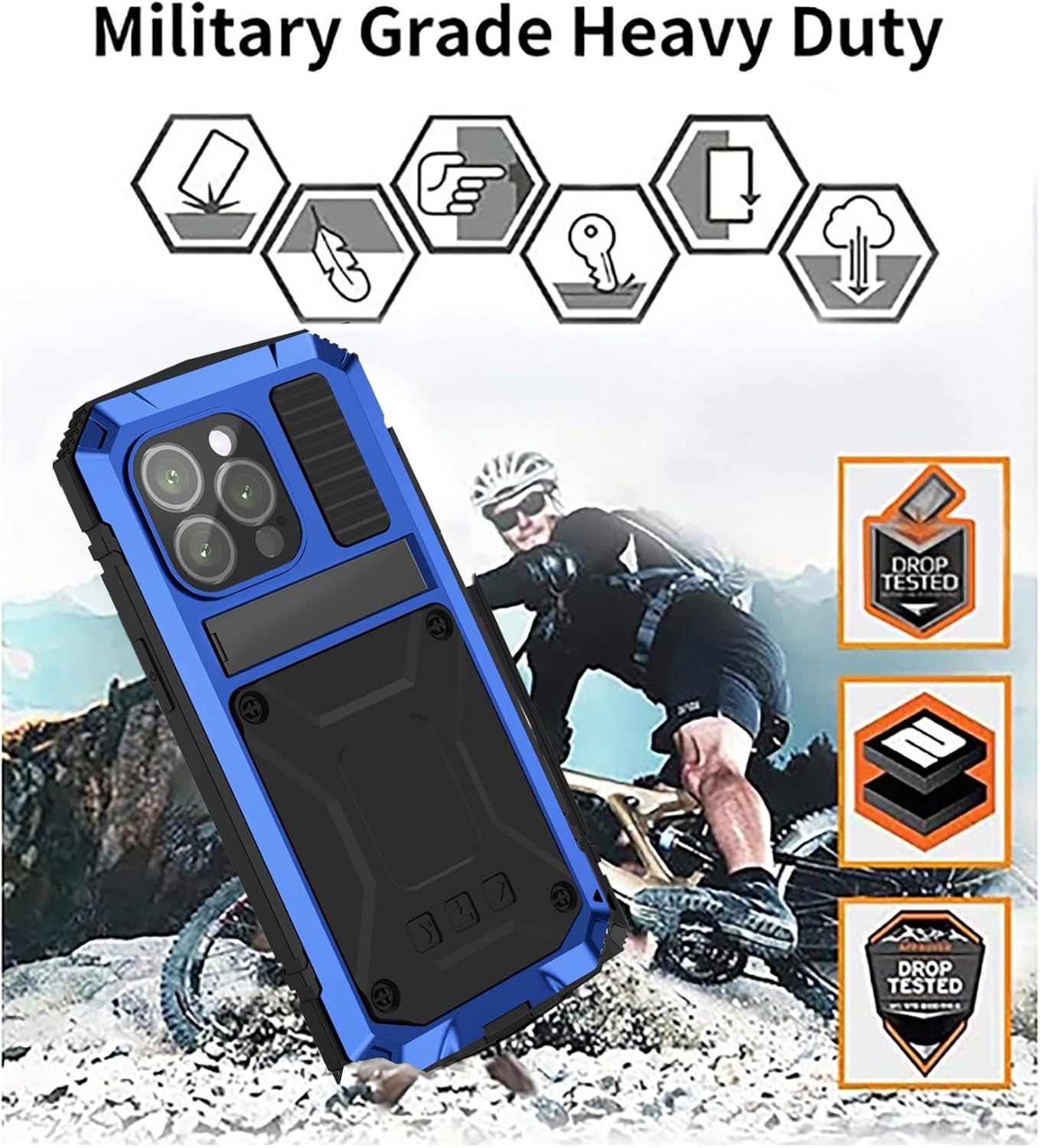 Simicoo Compatible with iPhone 16 Metal Case with Screen Protector Camera Protector Military Rugged Heavy Duty Shockproof Case with Metal Kickstand Full Body Tough Dustproof Case (Blue)