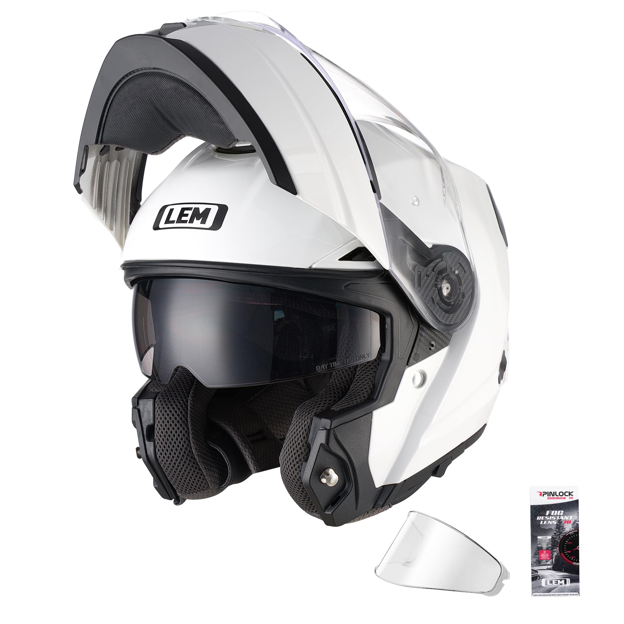 LEM Modular Motorcycle Helmets Fiberglass, Full Face Motorcycle Helmet Flip Up for Touring, DOT Certified, Release Sun Visor & Removable Comfort Liner, Lightweight Street Bike Helmet (White, L)