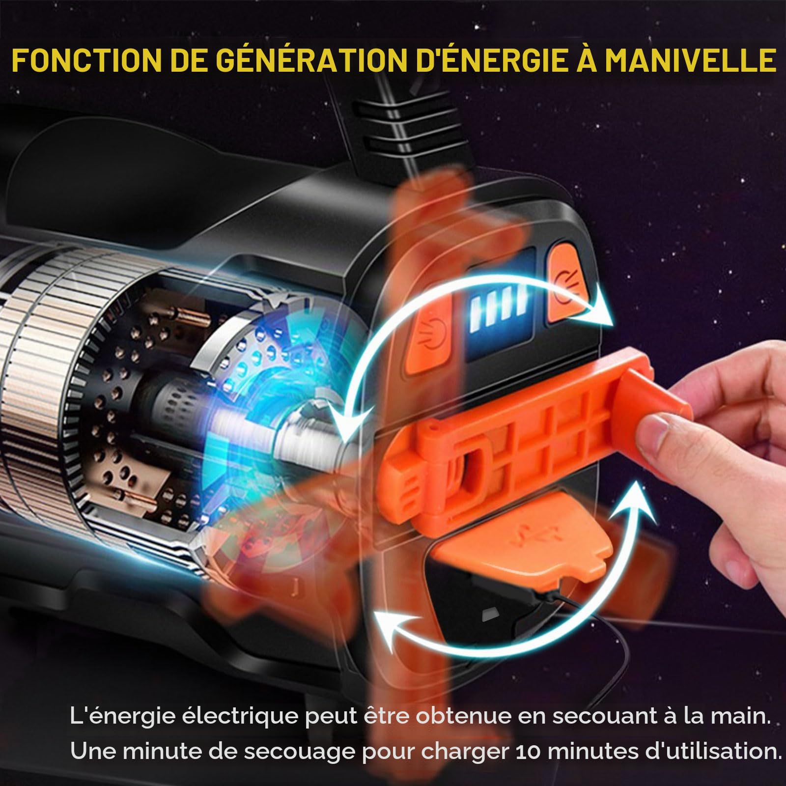 Lampe torche LED à Manivelle, 3 Sources Lumineuses Indépendantes | 7000 LM, 6 Modes, 3200 mAh, IPX4, idéale pour les activités de plein air, les coupures de courant et les situations d'urgence