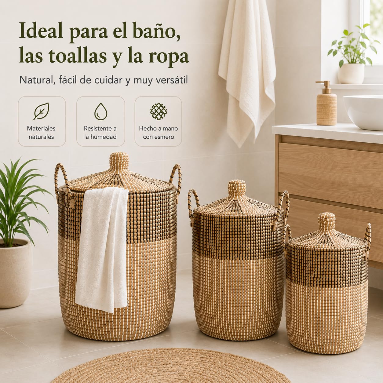 Pack 3 Cestas para Ropa Sucia y Almacenamiento, Cesta Tejida de Hierba Marina Artesanal Vietnam (76L/43L/26L) con Asas, Tapa y Forro Desmontable Lavable, Multiusos Salón Dormitorio Cocina Baño