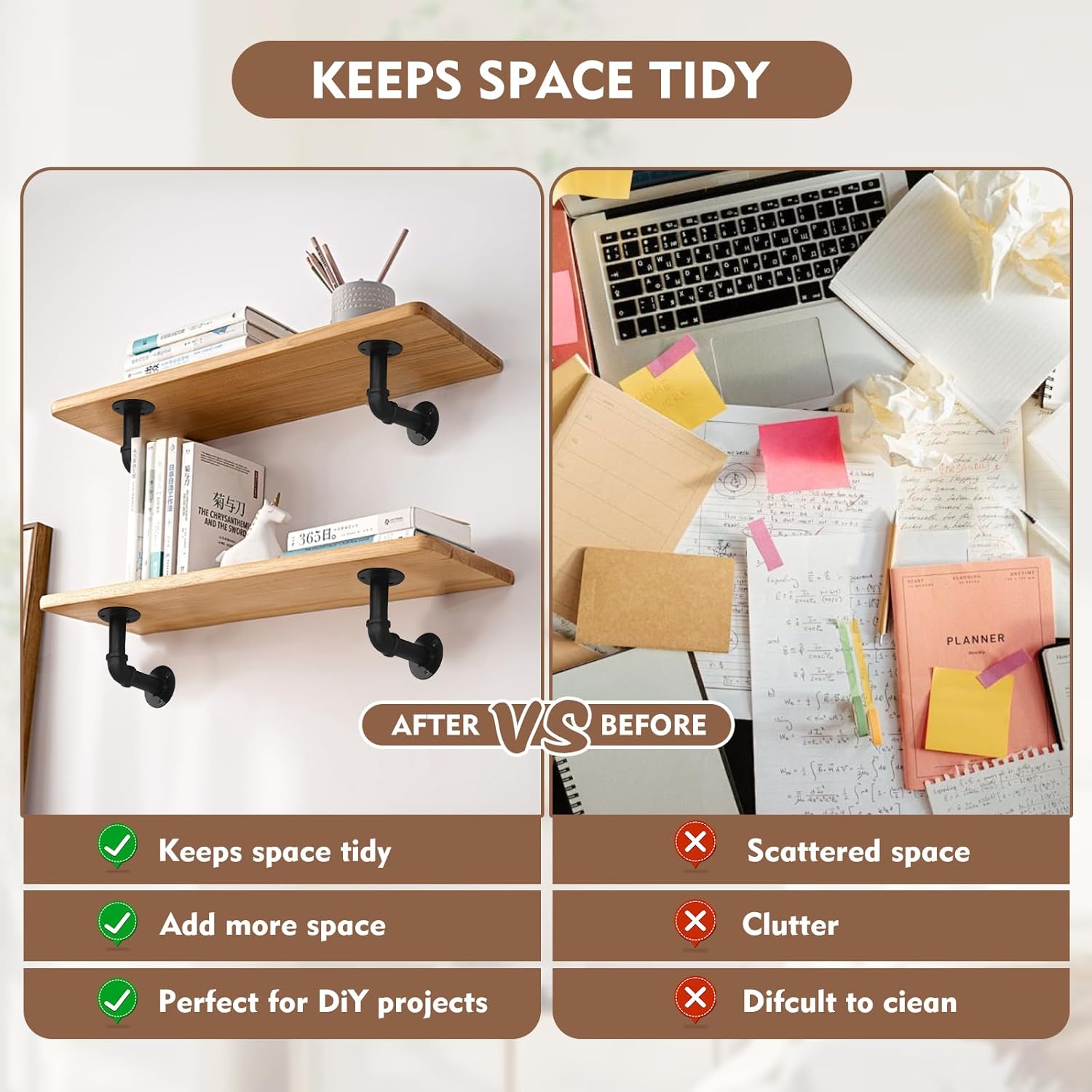 6 Pack Industrial Pipe Shelf Brackets, Black Iron for Floating Shelves Heavy-Duty Wall Mount with Hardware