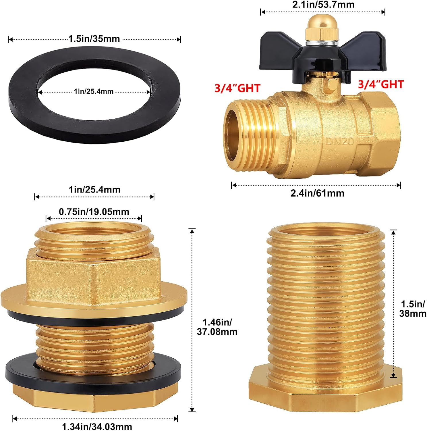Brass Rain Barrel Spigot Kit,1/2" Female & 3/4" GHT Male Bulkhead Valve with 3/4" GHT Full Flow Shut Off Faucet for Outdoor Plastic Buckets,Water Barrel,Rainwater Drums,Gallon Containers (ZT-2Pack)