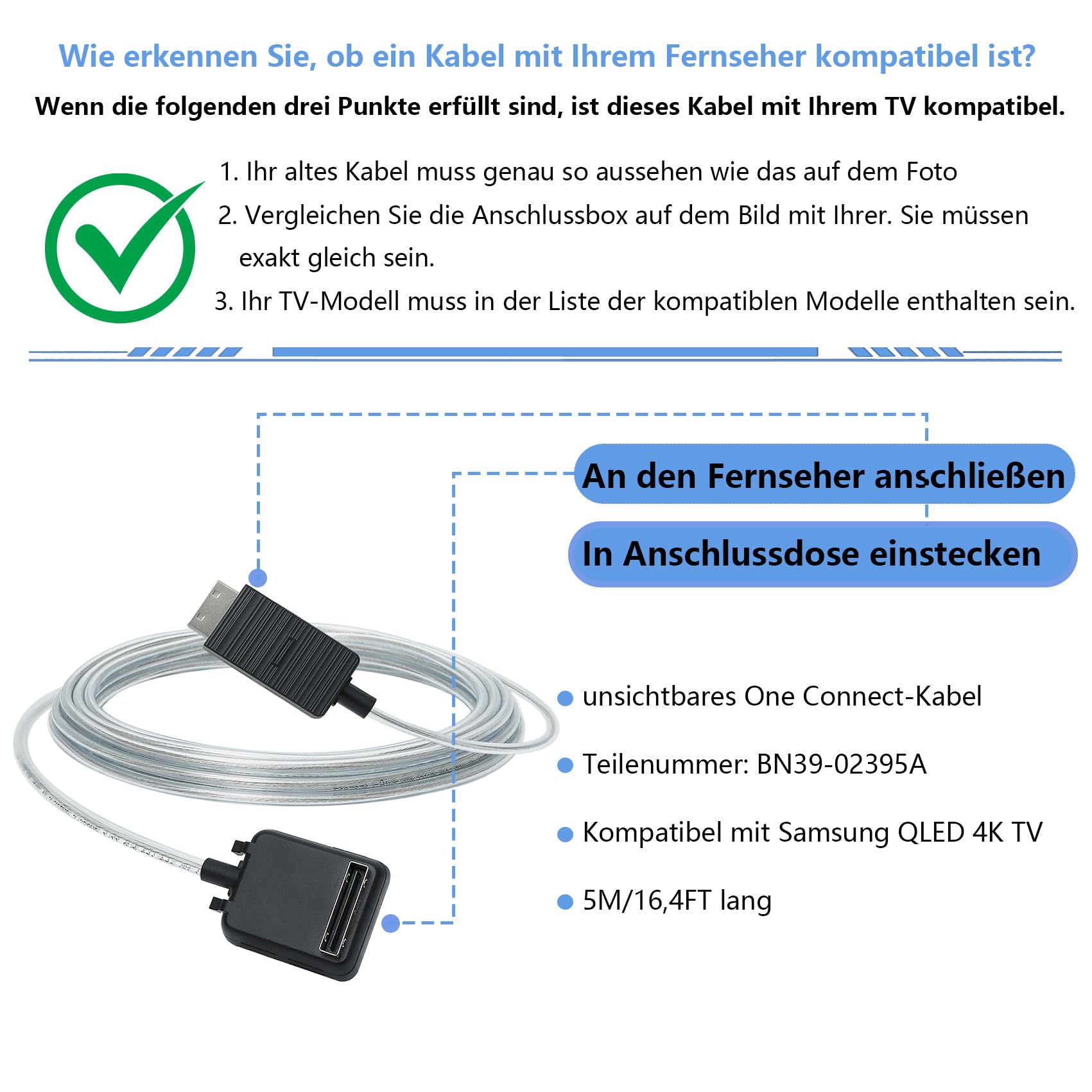 5 m/16,4 Fuß BN39-02395A one Connect Kabel istnur Kompatibel für Samsung QLED TV 55-75 Zoll Q7FN Q8FN Q8CN Q9FN Serie, 2018 Modell（Nicht Kompatibel mit Allen 8K-Fernsehern!!!）