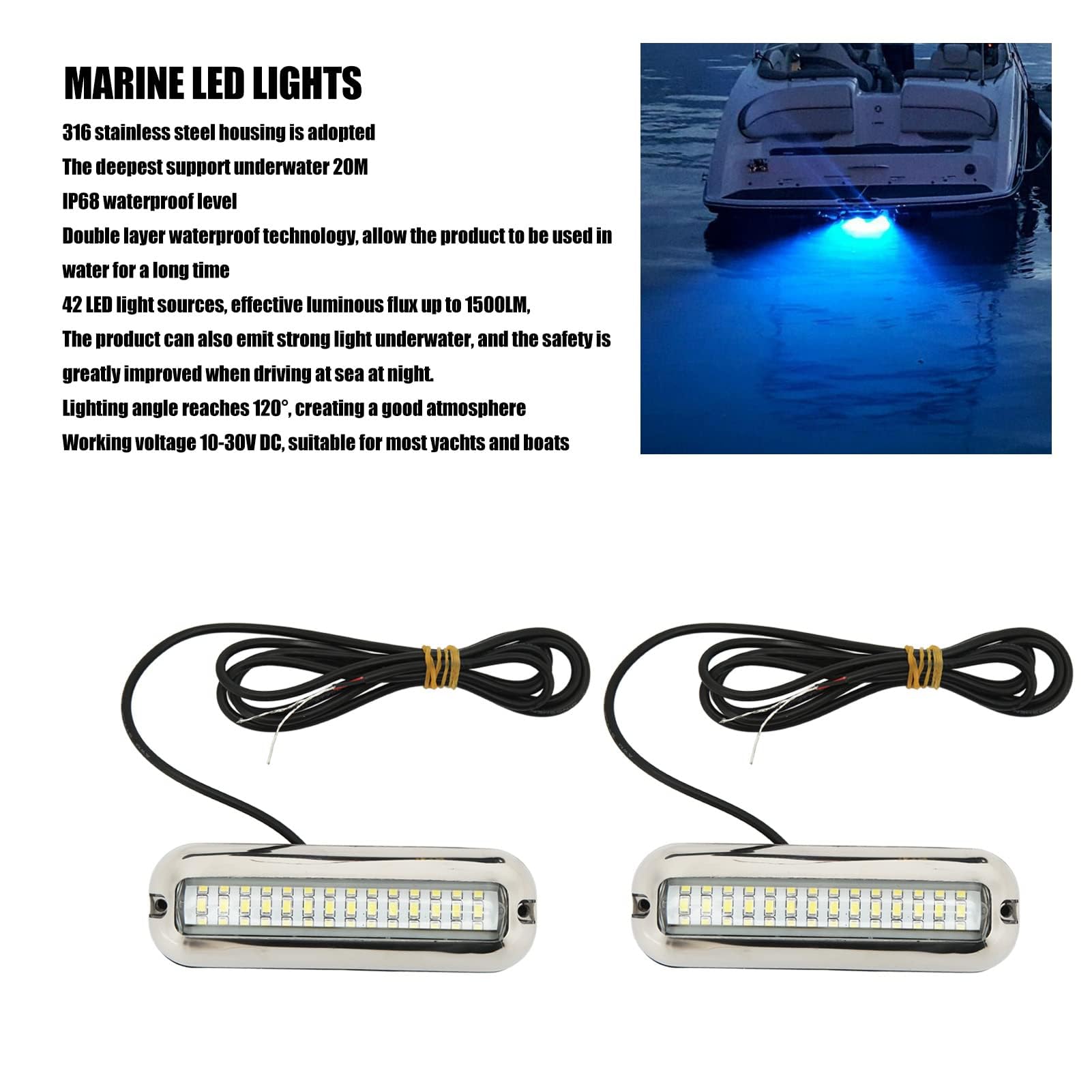 Ejoyous Luci a LED marine, luci a LED impermeabili per barche, 42 LED, luce subacquea, illuminazione subacquea per imbarcazioni, luci per barche marine per yacht, luce bianca