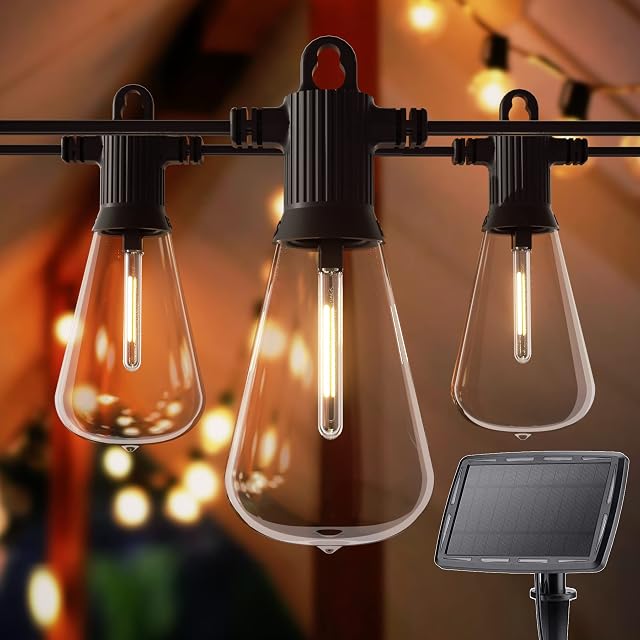 Zuske Solar Festoon Lights Outdoor, 15m/50Ft ST38 Garden String Lights with 25+2 Vintage LED Bulbs, IP65 Waterproof Patio Lights for Gazebo, Yard, Balcony, Party, Wedding Decoration(Warm White)