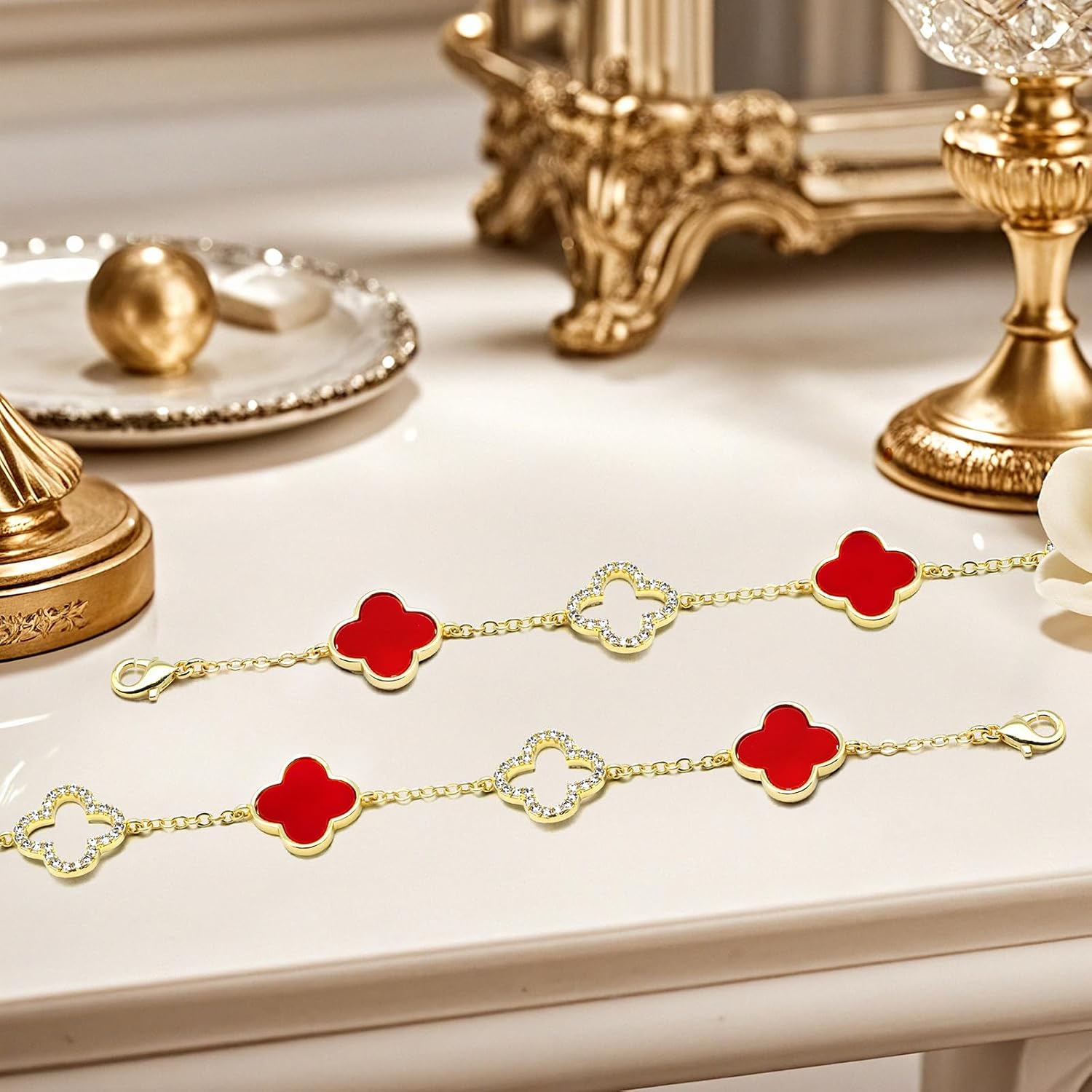 Clover Jewelry Set 18k Gold Plated Silver Dainty Lucky Four Leaf Link Chain Bracelets Charm Trendy Pendent Necklace Cute Jewelry Gifts for Women - Image 5