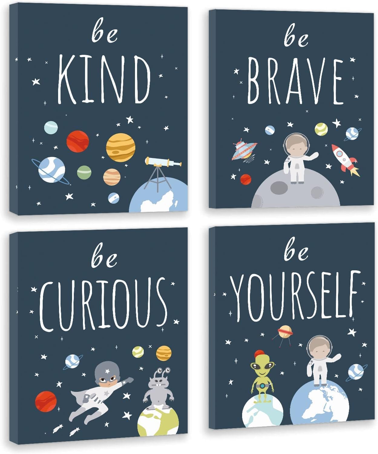CHDITB 4Pcs Outer Space Framed Art Print, Inspirational Quotes Wall Art (8"X10") for Boys Bedroom Accessories, Rocket Astronaut Poster, Planet Canvas Pictures for Nursery Kids Room