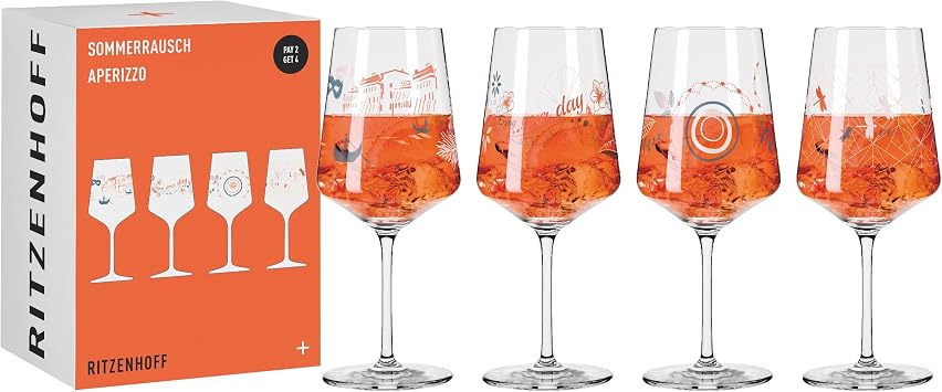 RITZENHOFF 6051003 Aperitif Glass Set of 4 500 ml Aperizzo Glasses, Colourful Motif Summer Rausch Series Made in Germany, Orange, Blue, White