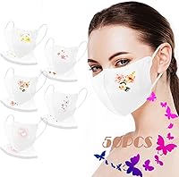 Vista 2 de 50 máscaras desechables para mujer, diseño floral, mariposa, boca a prueba de polvo, para adultos, vacaciones, protección facial de verano