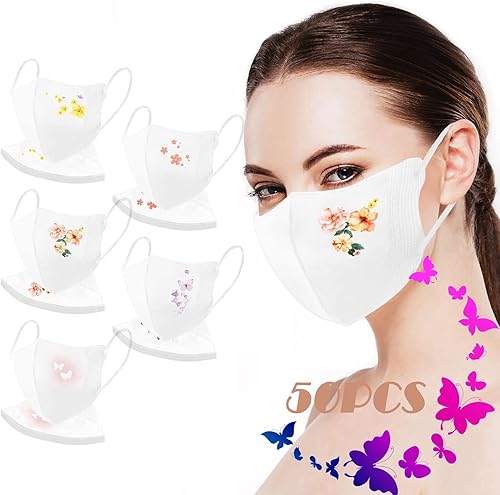 Miniatura 2 de 50 máscaras desechables para mujer, diseño floral, mariposa, boca a prueba de polvo, para adultos, vacaciones, protección facial de verano