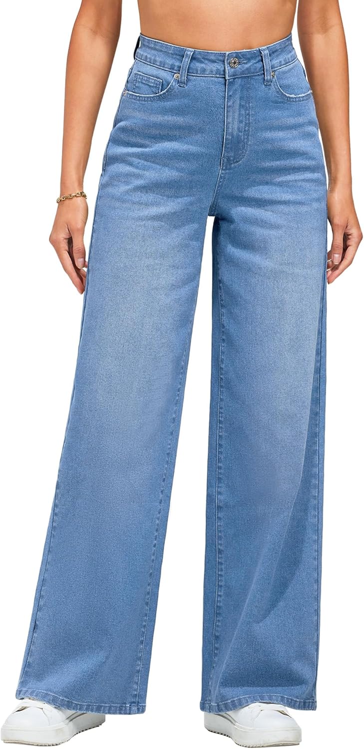 LookbookStore Wide Leg Jeans for Women High Waisted Stretchy Denim Jeans Fashion Baggy Trouser Jean Pants with Pockets