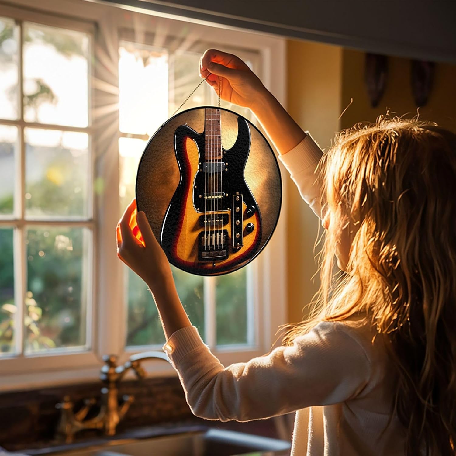 8in Stained Glass Window Hanging,Window Suncatcher Glass Panel with Metal Chain Instrumental Guitar Sun Catchers Wall Art Home Decor Gift for Women Mother's Day