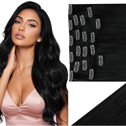 Ve Sunny 24 Inch Hair Extension Clip in Human Hair Jet Black Remy Hair Clip in Extensions Black Women for Long Hair Straight 7pcs 120g