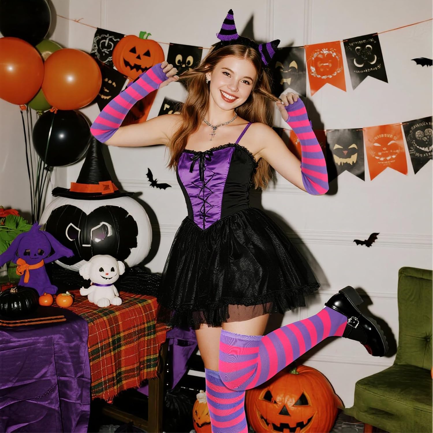 Tongcloud Women's Striped Knee High Socks, Over Knee Thigh High Socks, Arm Warmer and Fingerless Gloves Set - Image 5