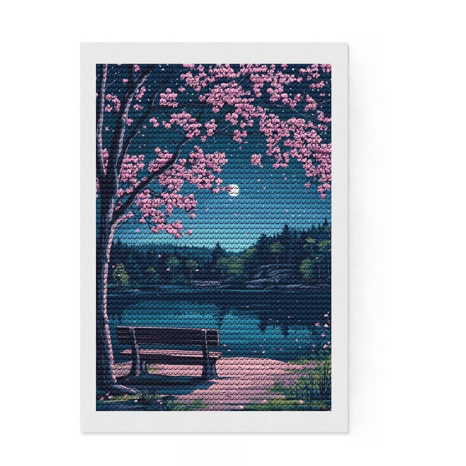 Junmoney Nighttime Lake with Cherry Blossoms Diamond Art Kit 8"x12", Home Wall Decor, for Creative Relaxation, Mindful Craft Activity, Thoughtful Handmade Gift