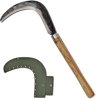 Big Size Josun Sickle - Hand-Forged Handmade Korean Weeding and Brush Clearing Tool with Razor-Sharp Blade and Chestnut Wood Handle