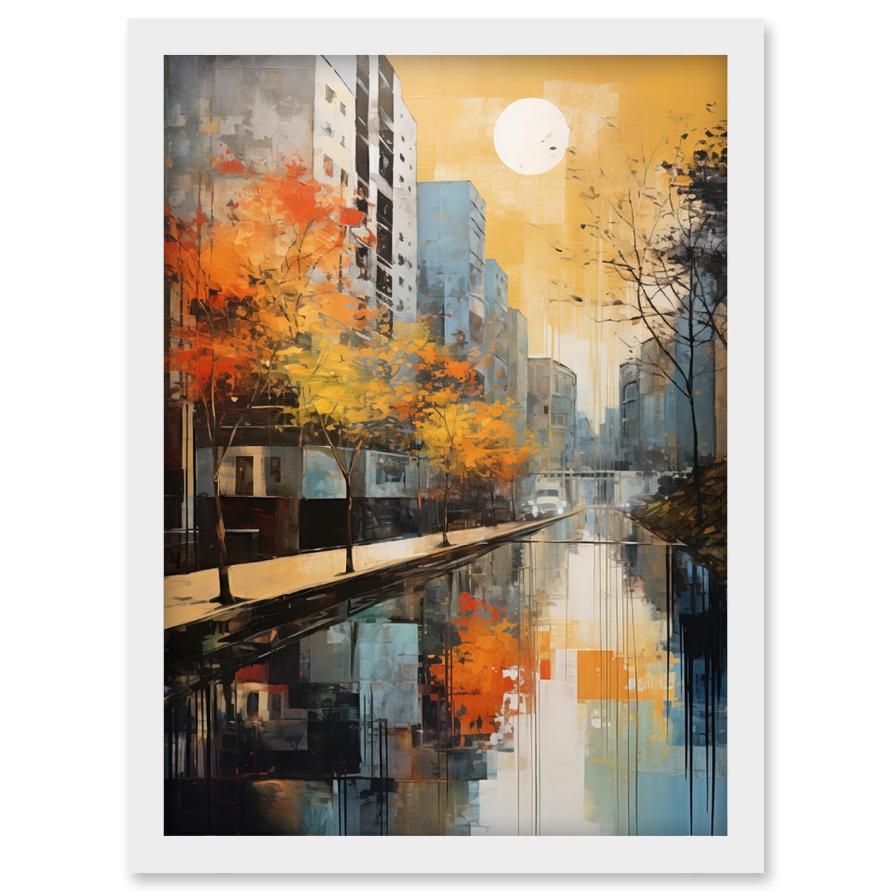 Artery8 Cityscape River Canal Oil Painting Blue Orange Trees Autumn in the City Artwork Framed Wall Art Print A4