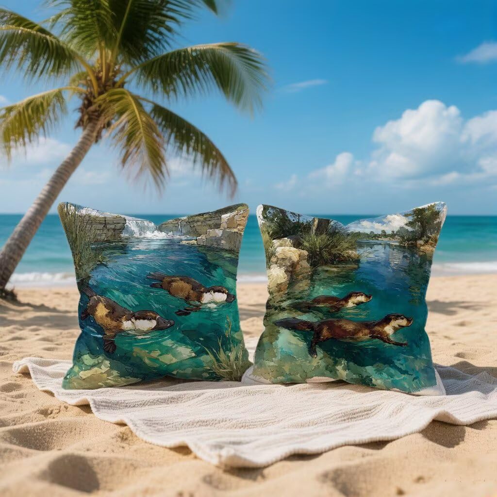 Kissenbezug 65 x 65 2er Set Sofakissen GrüN Kopfkissenbezug 65x65 cm Dekokissen Schnabeltier Outdoor Pillow Leinen Doppelseitiger HD-Druck, Terrassen Deko Wohnzimmer, Frühling und Sommer 7-A05083