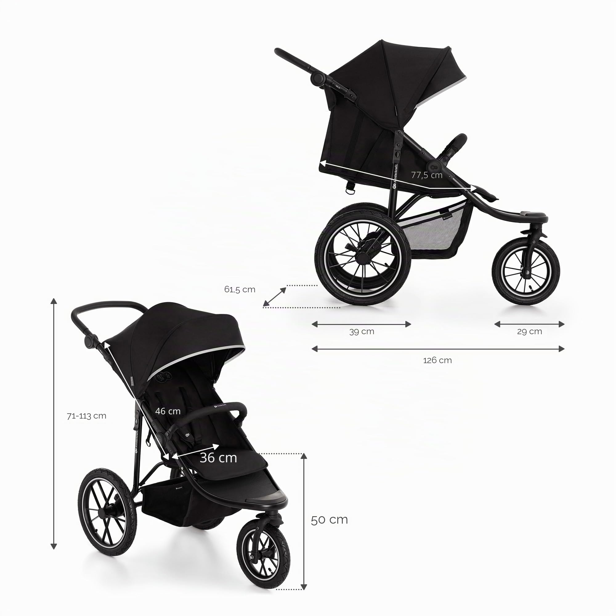 Kinderkraft HELSI 2 Jogger Poussette Sportive 3 Roues Dès La Naissance 22 Kg Réglable Gris