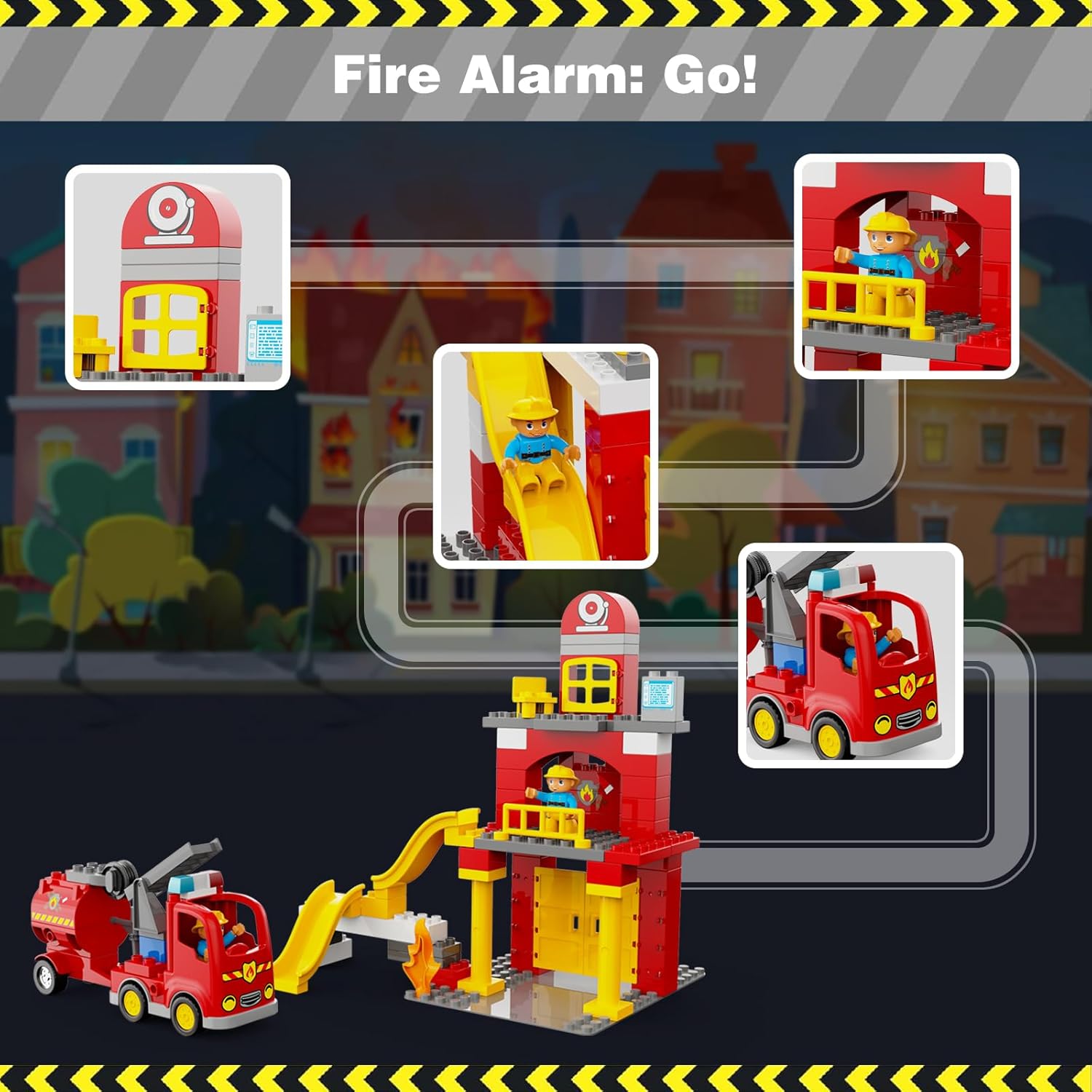 68Pcs Fire Station Playset,Classic Big Building Blocks Compatible with All Major Brand, Firefighter Gifts, Firetruck Toys 3-5 Years Old, Fire Station Toys, Fire Trucks for Toddlers 3-5
