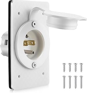 1 Pack 15 AMP Straight Blade Flanged Male Power Inlet Receptacle, 15 A, 125V NEMA 5-15P Integrated Nylon Faceplate Body and Rubber Waterproof Cover Electrical Outlet for home/car/boat/RV Inlet (White)