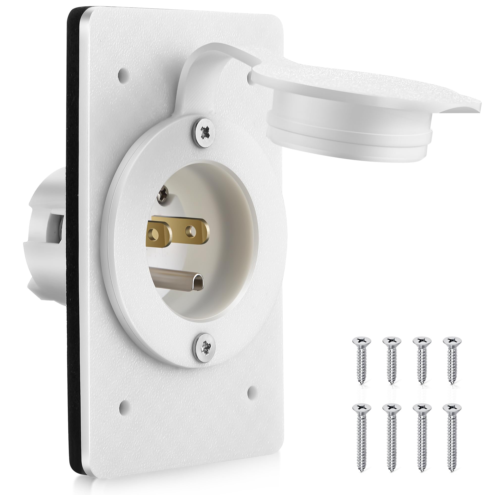 Photo 1 of 1 Pack 15AMP Straight Blade Flanged Male Power Inlet Receptacle, 15 A, 125V NEMA 5-15P Integrated Nylon Faceplate Body and Rubber Waterproof Cover Electrical Outlet for Home/car/Boat/RV Inlet (White)