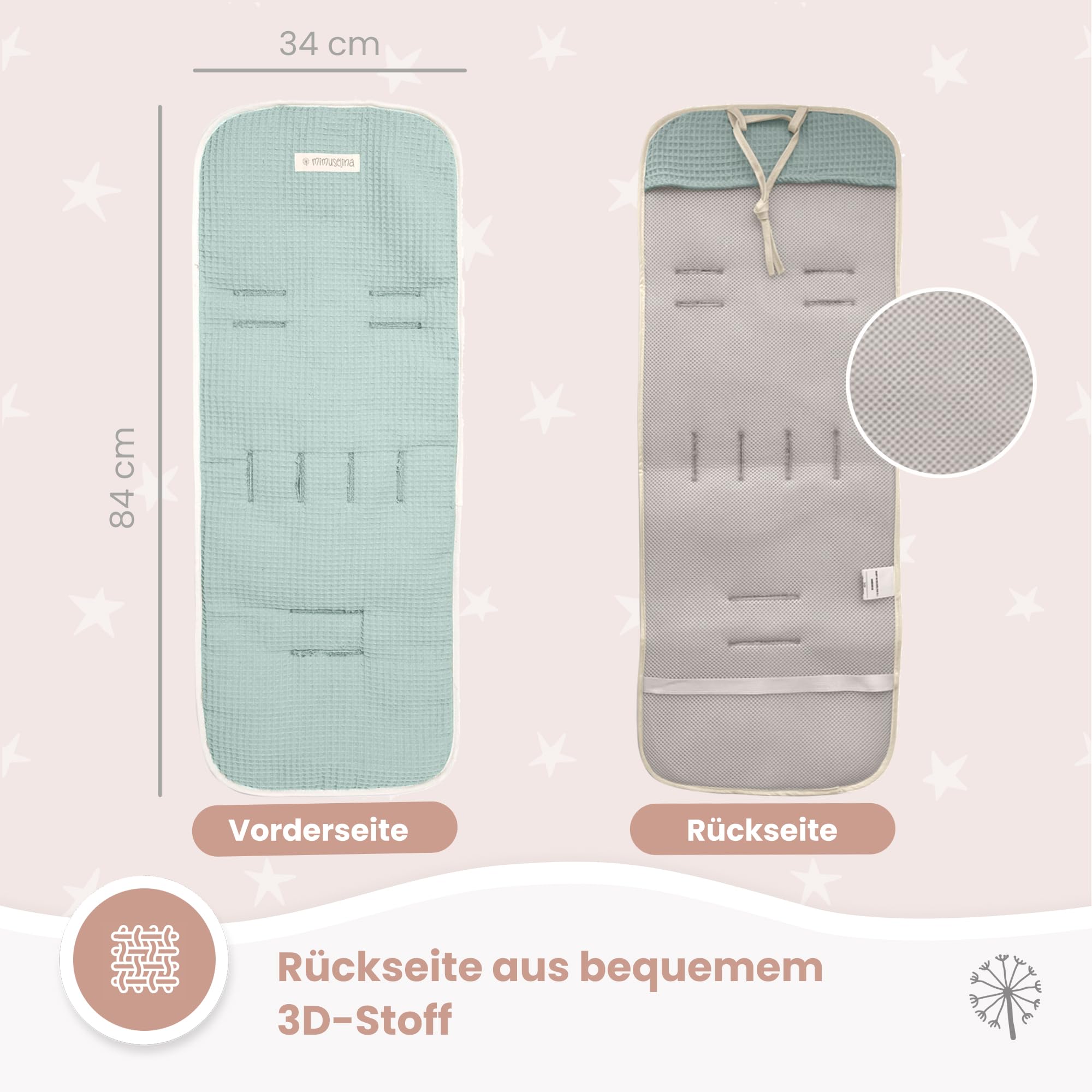 MIMUSELINA Kinderwagen Sitzauflage Universal aus 100% Baumwolle OEKO-TEX | Sitzauflage Buggy Sommer & Winter | Atmungsaktive, Waschbare Kinderwagen Unterlage 34 × 84 cm | Made in Portugal