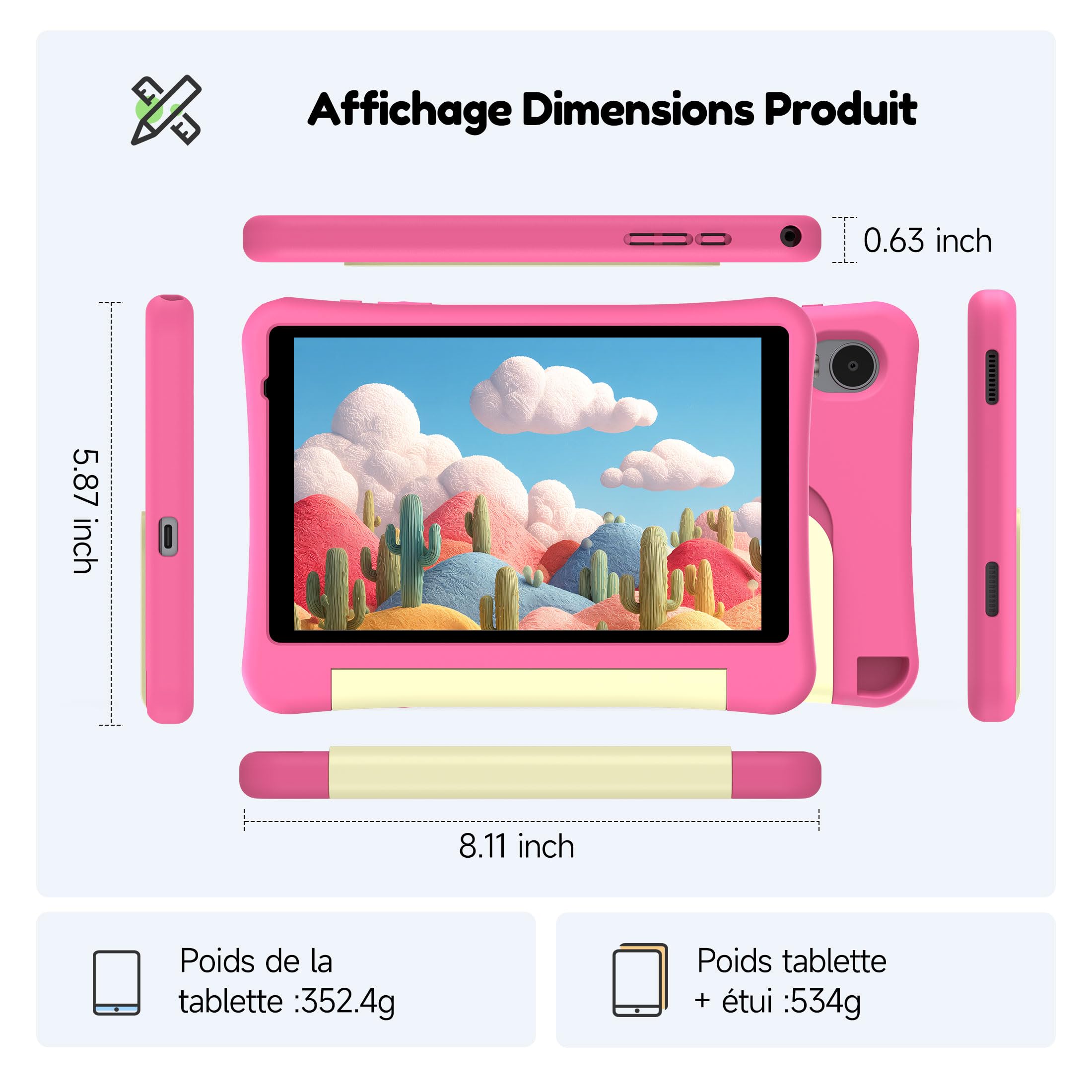 Tablette Enfants 8 Pouces,Avec Contrôle Parental et Coque Antichocs Rose | Tablette Android 15 Éducative pour Enfant de 3 à 12 ans,Avec “iWAWA",5000mAh,32GB ROM,512GB TF,Compatible YouTube Kids