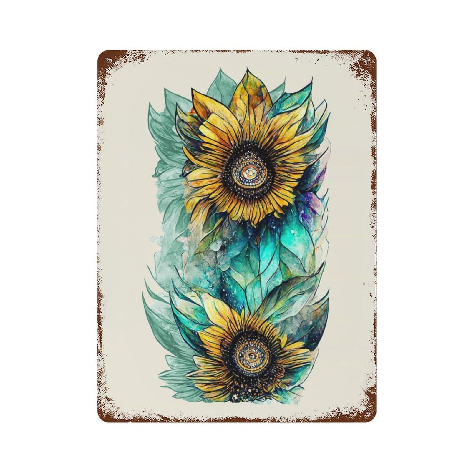 Weathered Tin Sign with Sunflower Painting Design 15.7"x11.8", for Shed, Workshop And Garage Wall Decor, Decorative Metal Wall Art