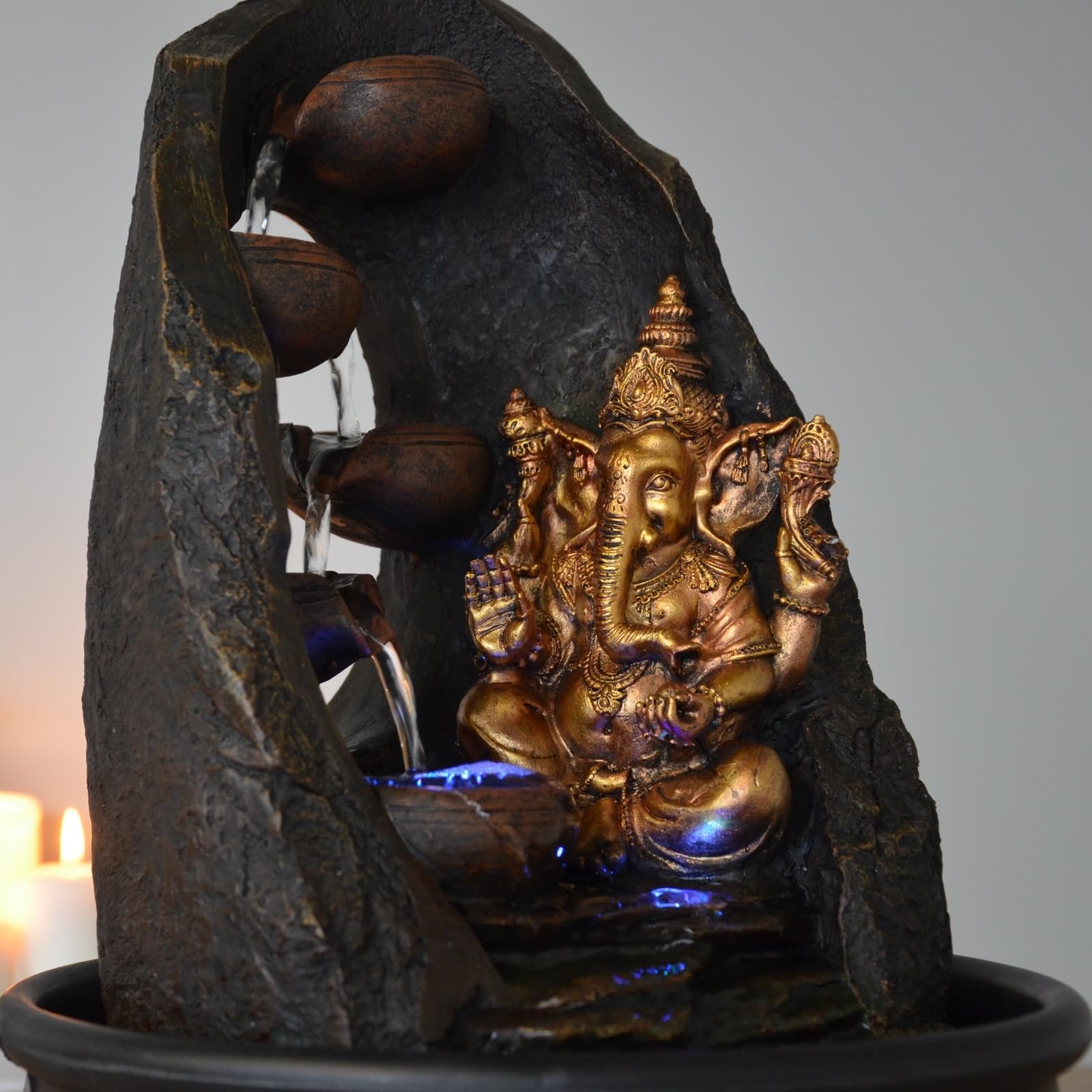 Buddha Ganesh Innenbrunnen mit farbenfrohen LED -Licht - Feng Shui Zen Dekoration - Bed -Träger - H 40 cm - Mystic Zen'light
