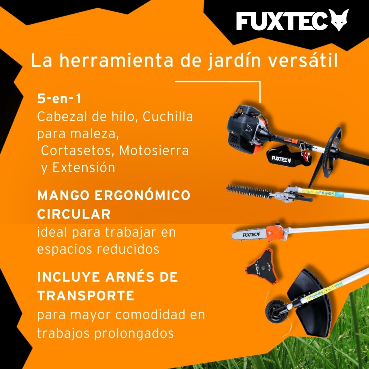 FUXTEC FX-MT152E Multiherramienta 5en1 a Gasolina – Desbrozadora, Cortasetos, Motosierra Inclinada, Cortabordes y Extensión 1 m – Motor 2 Tiempos 52cc para Jardinería