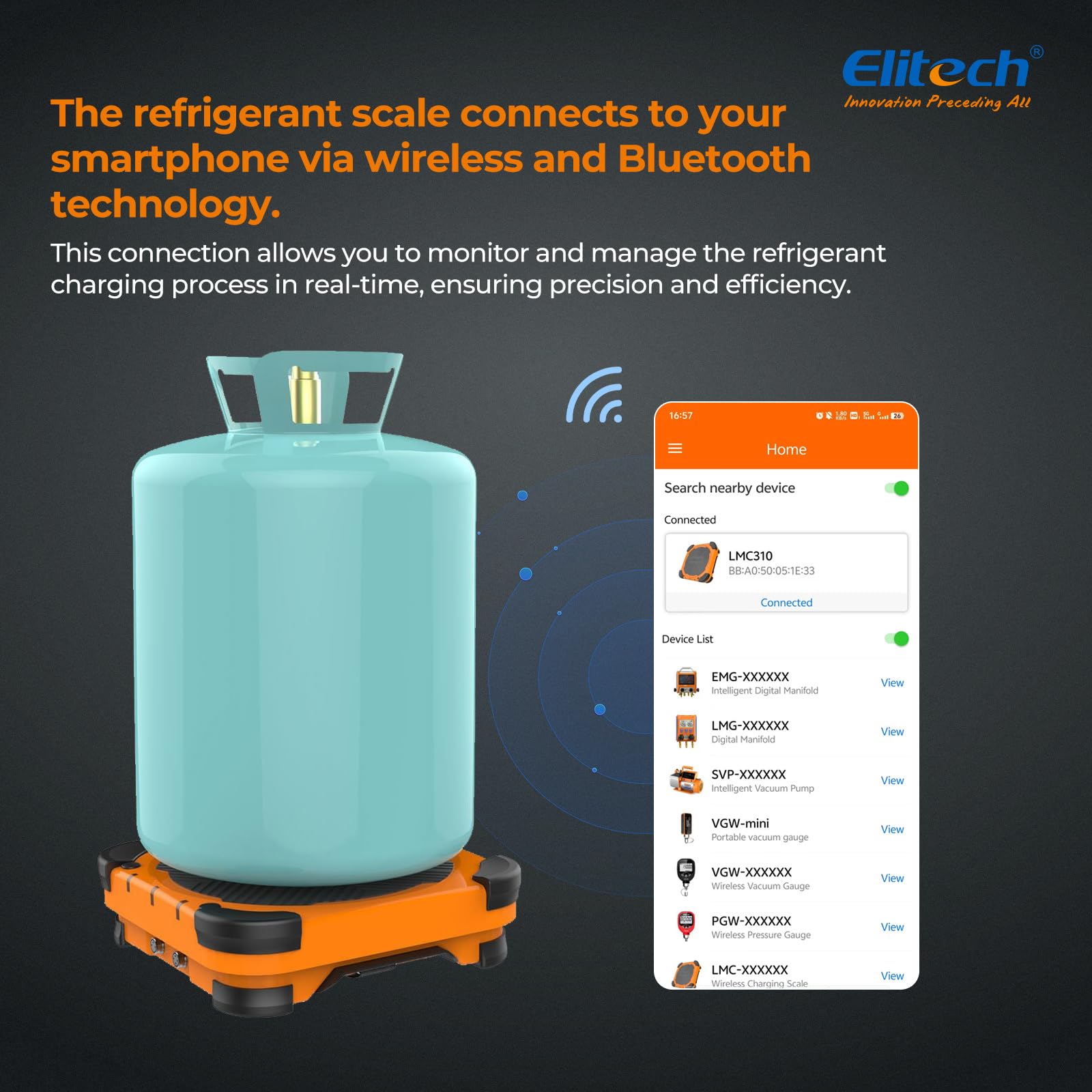 Elitech LMC-310 Báscula Electrónica Refrigerante, 100 KG Inalámbrica para Suministro de Combustible de Refrigerante Electrónico para HVAC y CA Estuche portátil