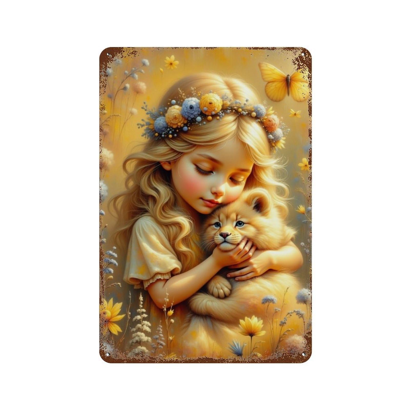 Weathered Tin Sign Enchanted Garden with Lion Cub 11.8"x7.9", Rustic Home Decor for Basement, Hobby Room And Garage Decor