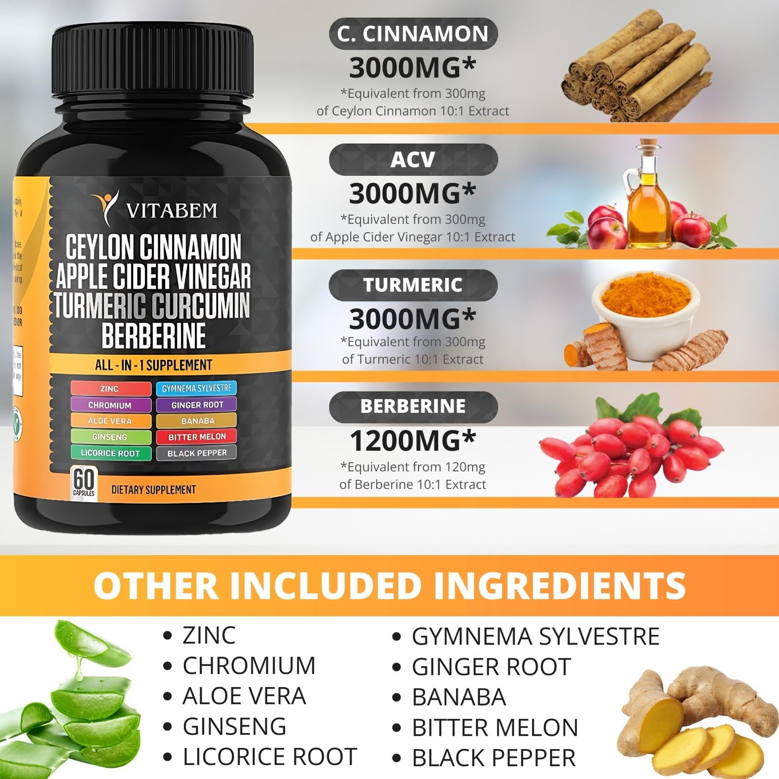 Ceylon Cinnamon Capsules 3000mg Turmeric 3000mg Apple Cider Vinegar 3000 mg Ginseng 2000mg Aloe Vera 2000mg Berberine Supplement 1200mg + Banaba | Bitter Melon | Gymnema | Ginger Root - 60 Count — Amazon image 2