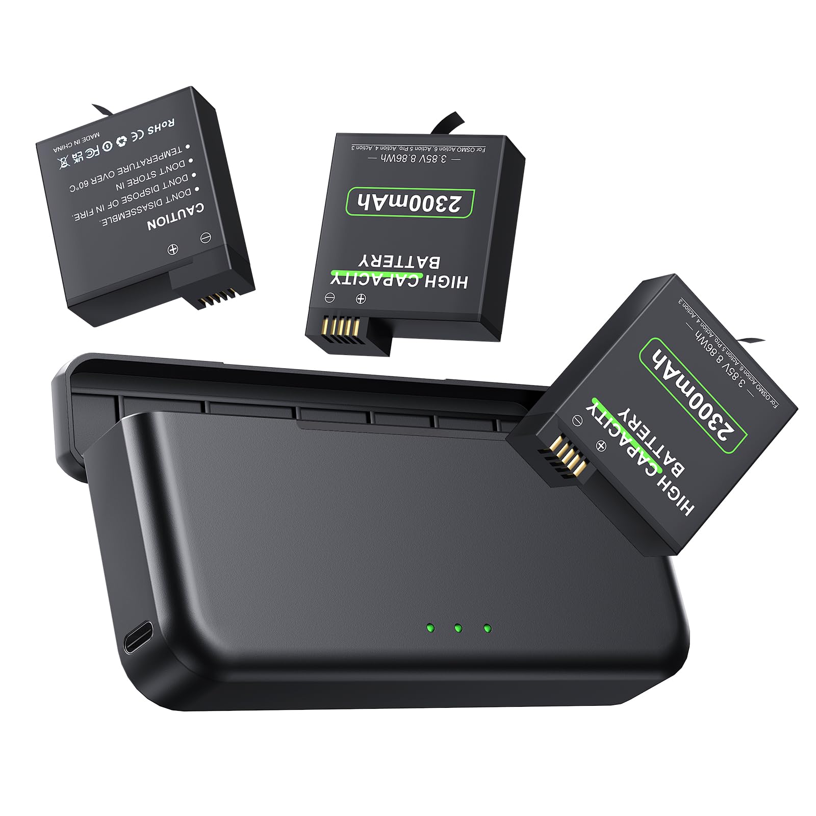 2300mAh Enduro Akku für DJI Osmo Action 6/5 Pro /4/3 /Osmo 360 Kameras (3er-Pack), Typ-C-Schnellladegerät mit 3 Kanälen, LED-Anzeige und Schutzhülle, Ersatzakkus mit verlängerter Lebensdauer