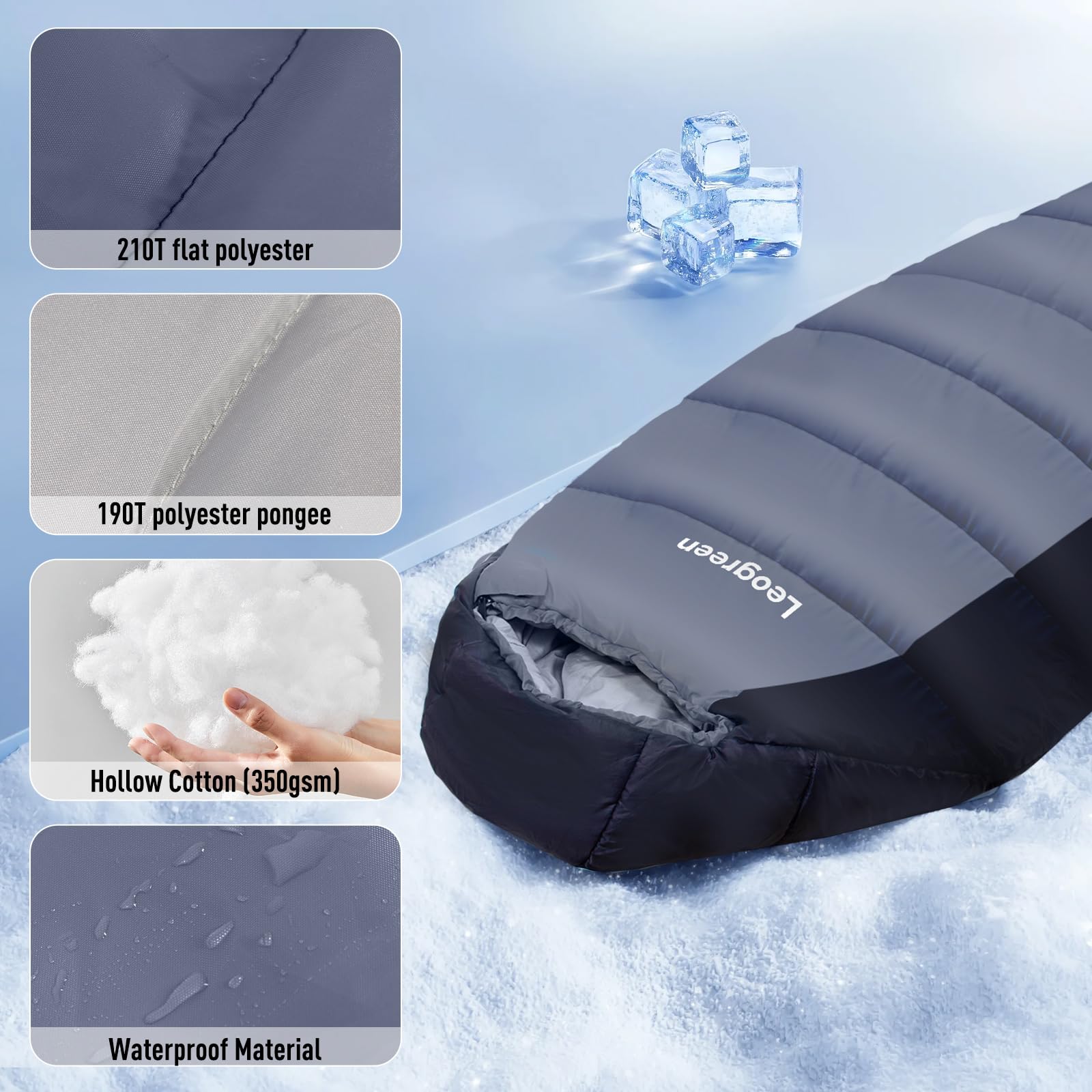 Leogreen Saco Dormir Pluma 210 cm, -15℃~5℃ 3-4 Estaciones | Extra Cálido, Tipo Mumia, Ideal para Camping, Trekking y Alta Montaña