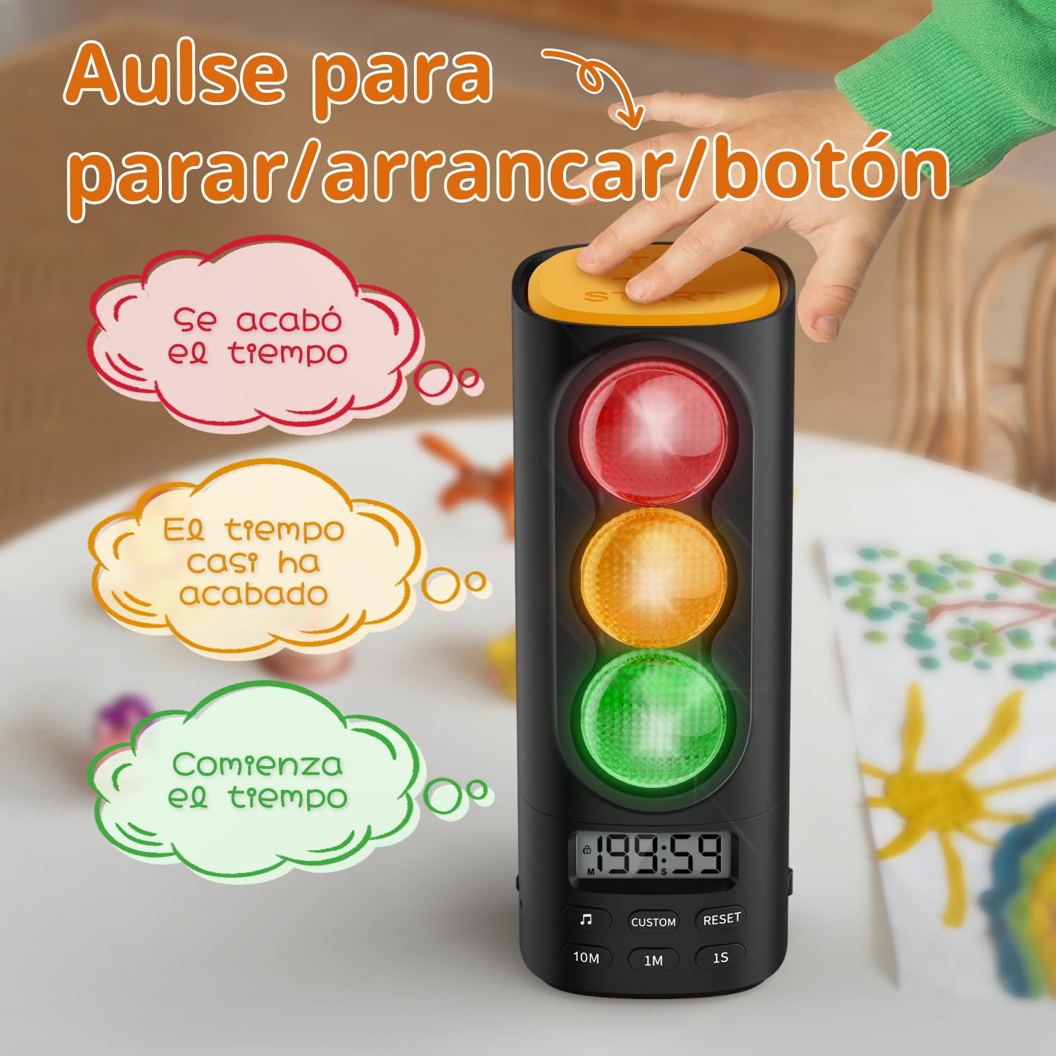 Temporizador Digital Visual y Auditivo con Semáforo, Pantalla LCD, Ajuste de Volumen, 4 Tonos para Niños, Funciones de Pausa, Memoria y Carga USB-C (Negro)