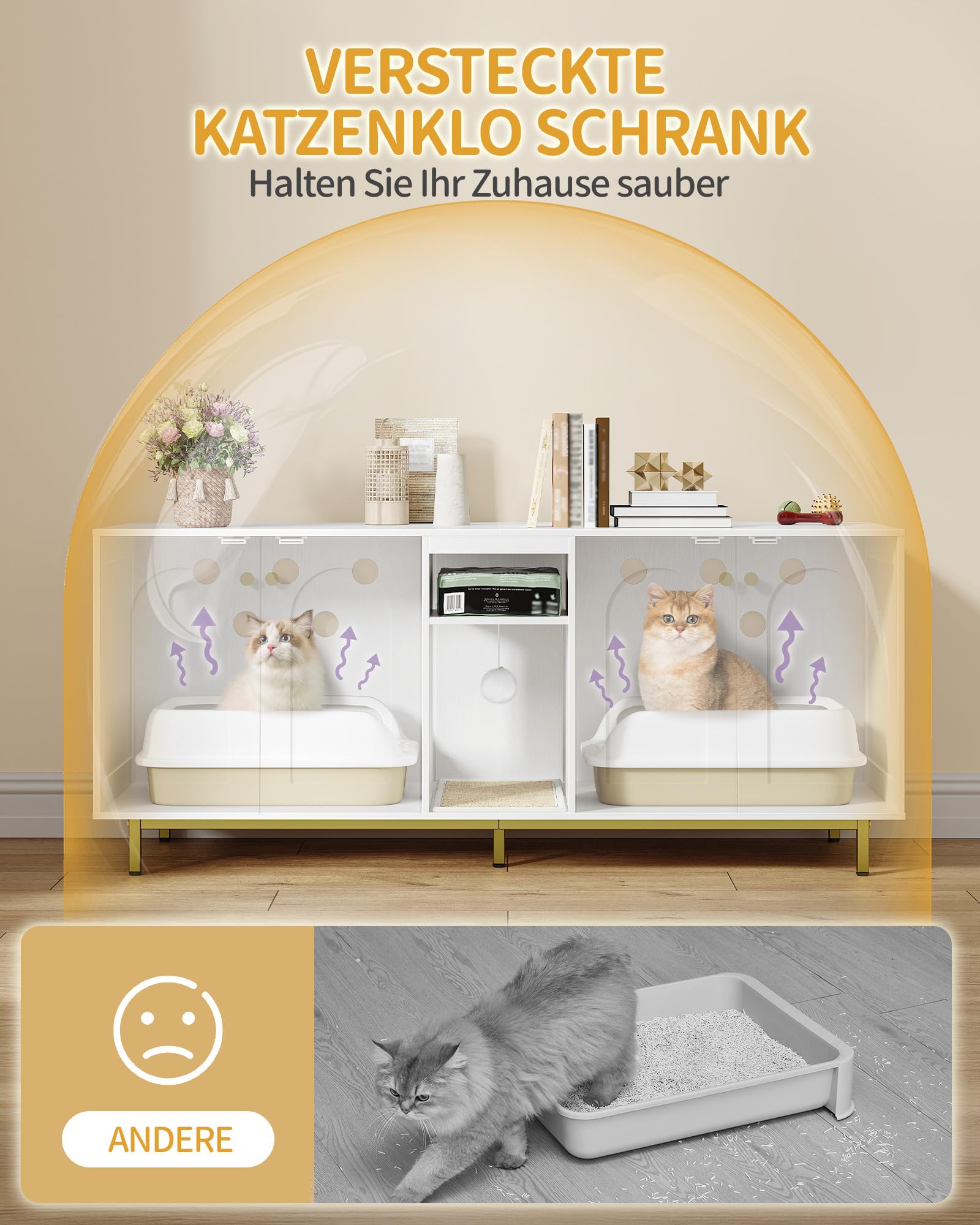 Hzuaneri Katzenschrank für 2 Katzen, Katzenklo Schrank, Katzenhaus Versteckt mit Doppelräumen, Mit Stauraum, Plüschbälle, Kann als Fernsehschrank, 140 x 48 x 62 cm, Weiß und Gold CB86513AV1