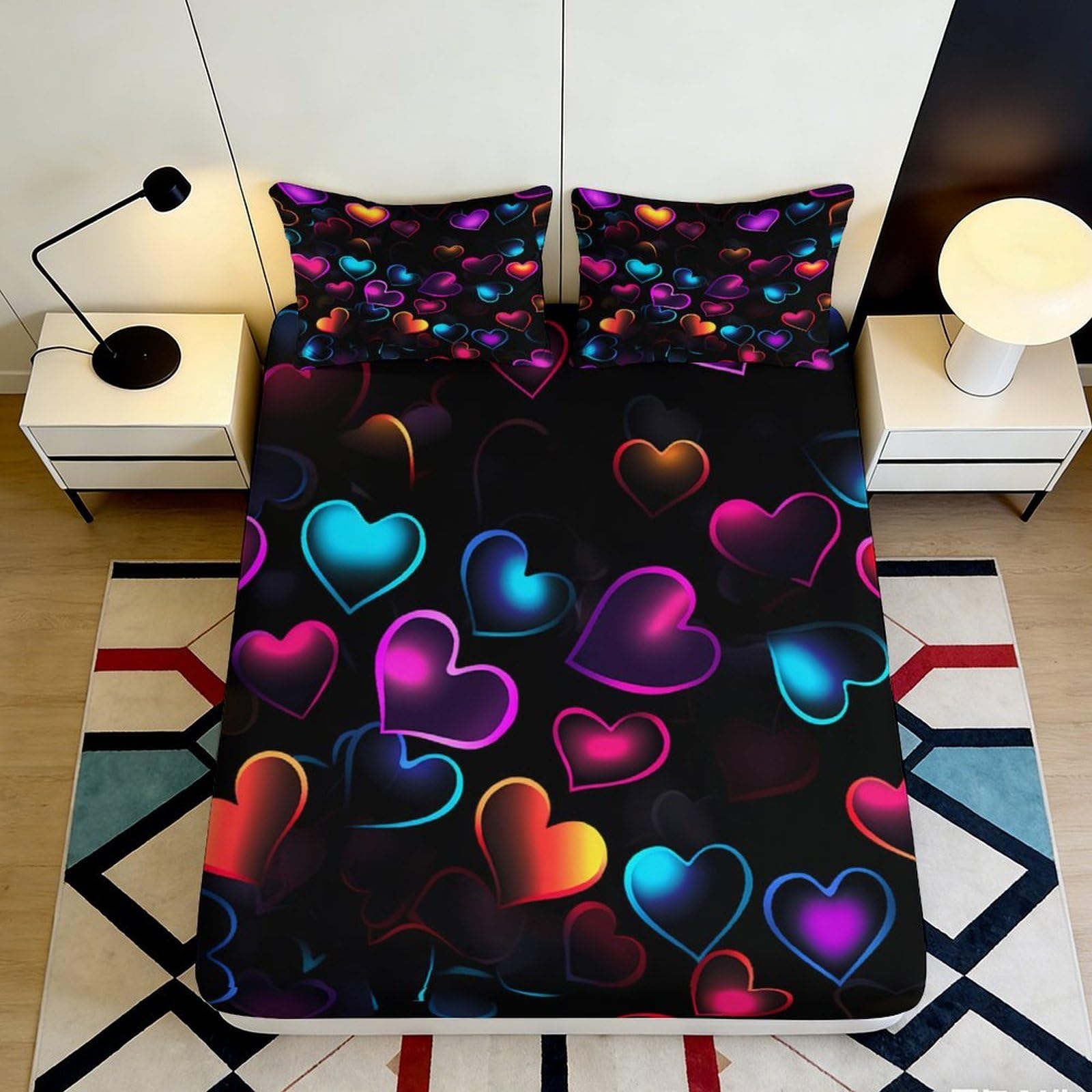 3D Printed Neon Heart Fitted Sheet Microfiber Vibrant Glow Mattress Cover for Bedroom Dorm Easy Care Decor 140x200x25cm