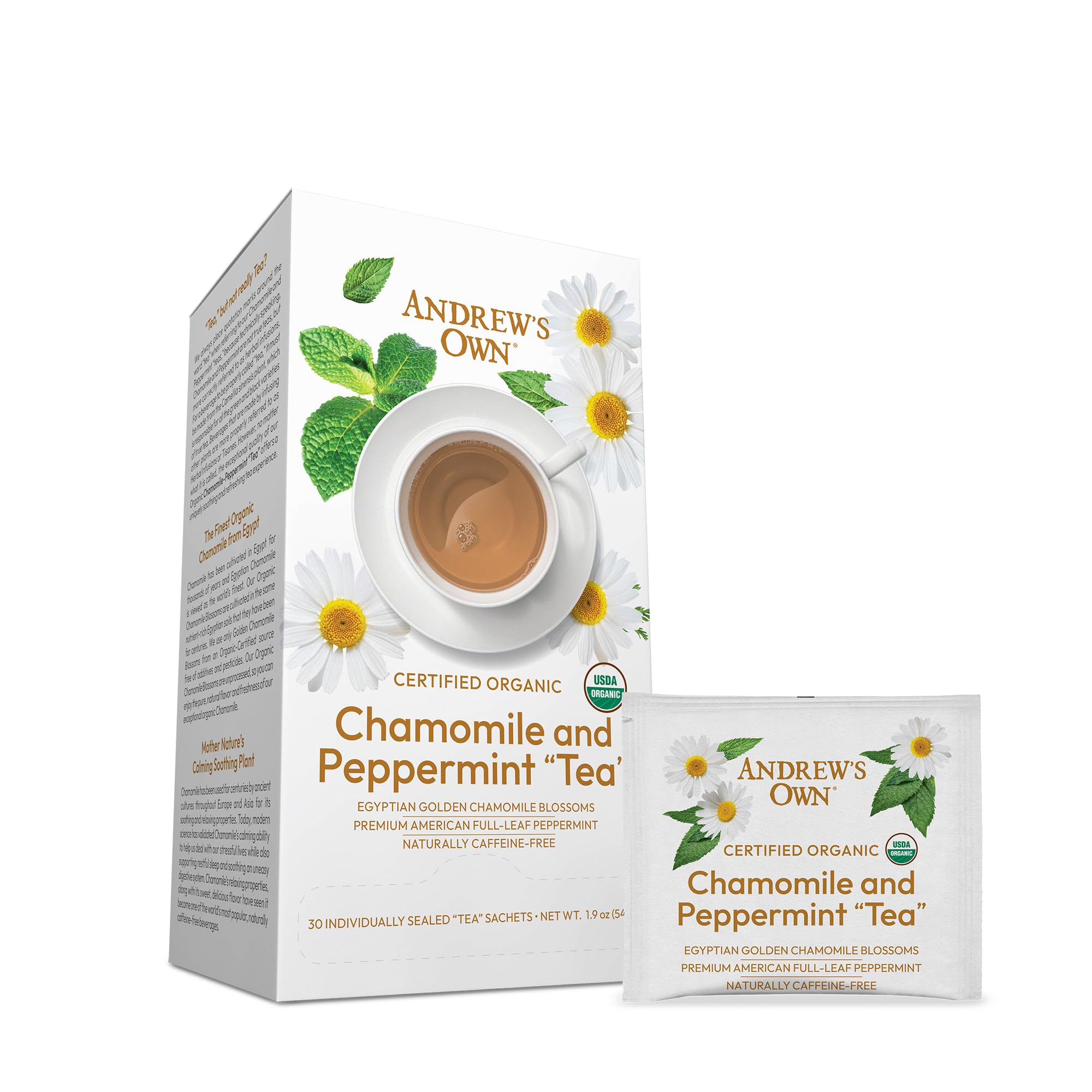ANDREW LESSMAN Tea - Chamomile and Peppermint Tea 30 Sachets - Blend of Certified Organic Golden Chamomile Blossoms and Premium Whole-Leaf Peppermint.