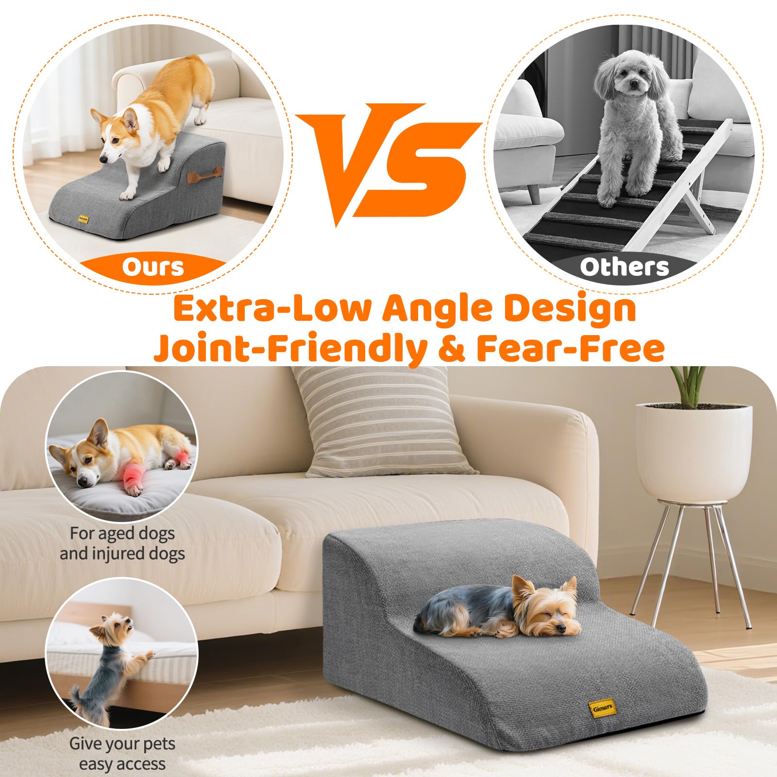 Gimars Scale per Cani 2 Gradini 55CM Lunghi Larghi per Cani Piccoli, Medi e Anziani, Altezza 30CM con Schiuma 33D Alta Densità, Rivestimento Lino, Base Antiscivolo, Supporta 30KG, per Letto e Divano