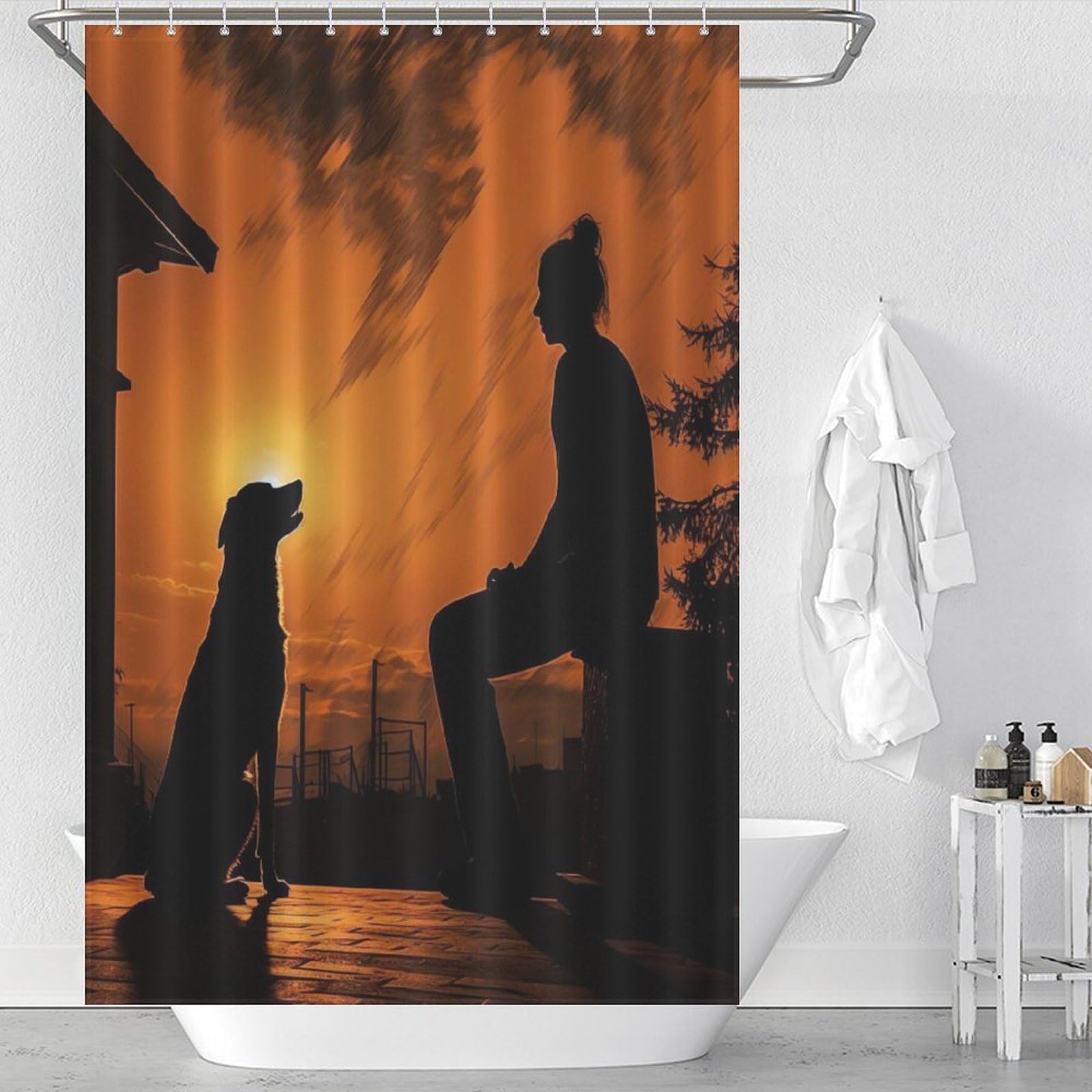 Rideau de douche chien mignon imperméable en polyester lavable pour baignoire 122x183cm