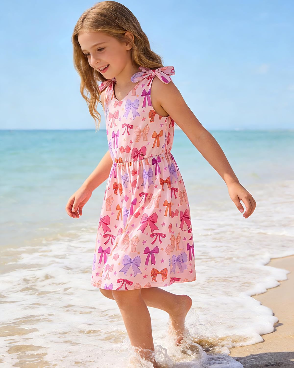 Enlifety 3-10T Girls Summer Dress Sleeveless Bowknot Strap V Neck Casual Sundress - Image 4