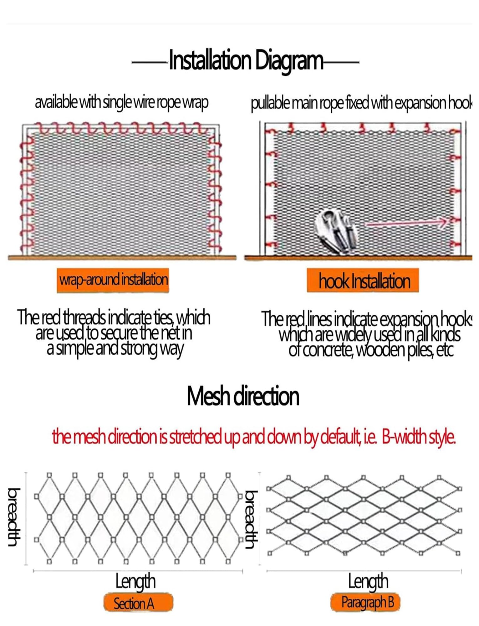 Flexible Stainless Steel Rope Mesh, Safety Netting for Railings 6cm/1.5mm Solid Deer Fencing Net, High-Altitude Fall Protection Nets?Stairs, Balconies, Railings(1.2x4m/3.9x13.1ft)