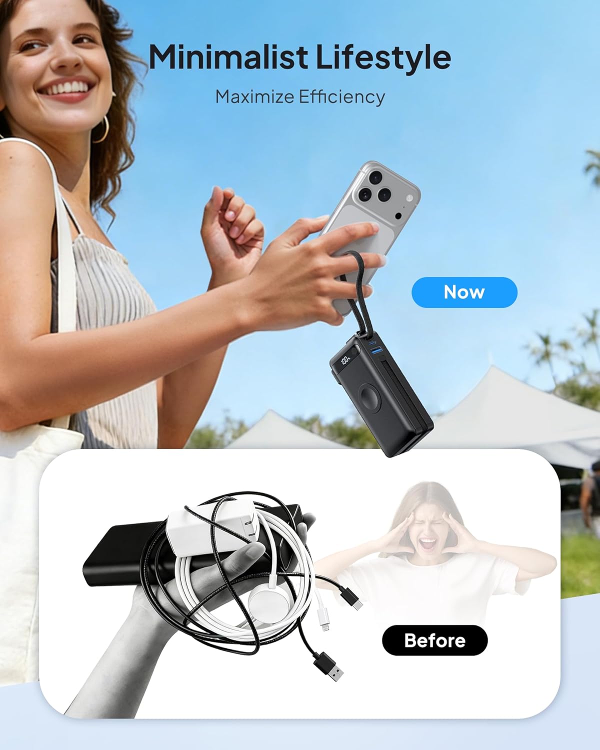 2026 Latest Nano 5-in-1 Portable Charger for iPhone & Apple Watch, 10,000mAh Portable Charger with Built-in AC Wall Plug and Cables, 22.5W Fast Charging USB C Power Bank Travel Essentials Battery Pack