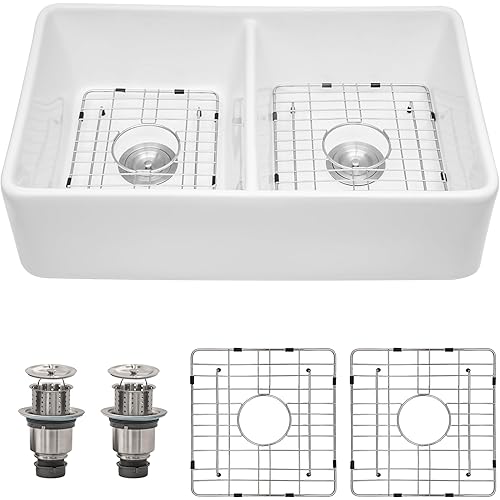 32 x 20 x 9 Inch White Farmhouse Kitchen Sink Ceramic Porcelain Fireclay Double Bowl Sink Apron Front Farm Large Deep Kitchen Sinks